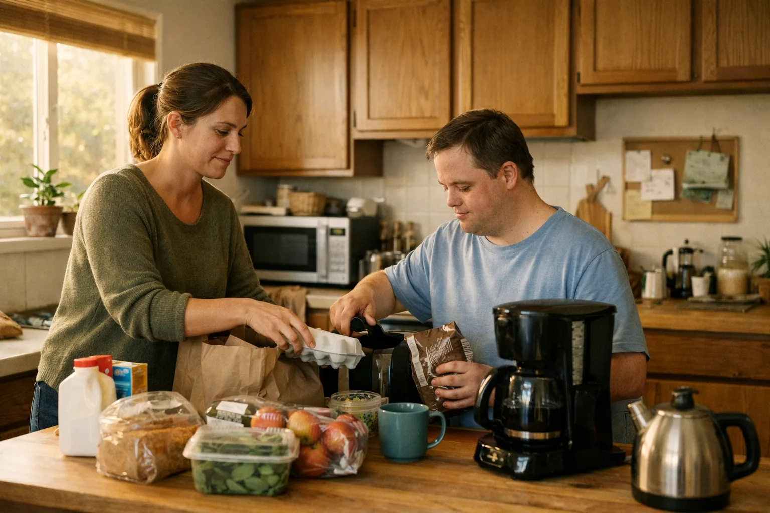 A support worker and resident preparing a meal together in a warm home kitchen.